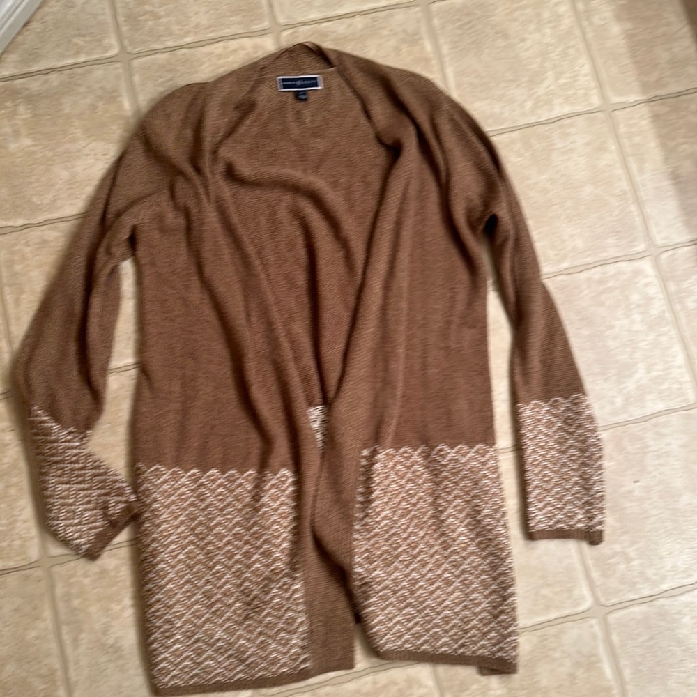 Karen Scott. Worn once. Tan acrylic open cardigan with white border.